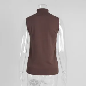 Rear view of minimalist brown high-neck sleeveless knit vest on transparent mannequin