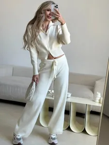 Chic cream two-piece knitted set with double-open zip sweater and wide-leg pants