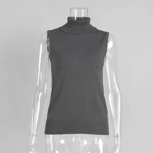 Front view of dark grey sleeveless turtleneck knit vest displayed on a clear mannequin