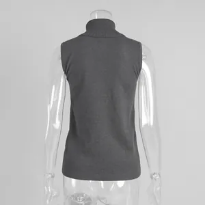 Detailed back view of a grey sleeveless turtleneck knitted vest showing fine texture