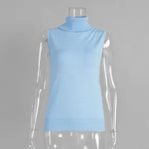 Detailed view of light blue sleeveless turtleneck knit top on clear mannequin