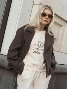 Autumn embroidered sweatshirt and pants set with brown oversized wool coat