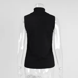 Rear view detail of a black sleeveless turtleneck knit vest on a transparent mannequin