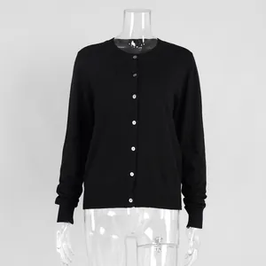 Detailed macro view of a black button-down knit cardigan sweater on a clear mannequin