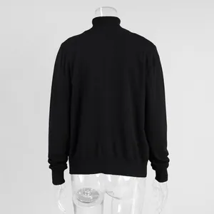 Detailed rear view of a classic black turtleneck knit sweater on a clear mannequin