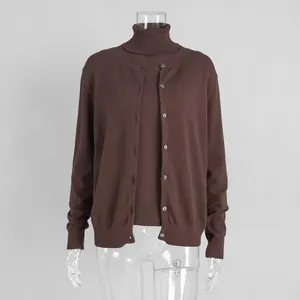 Detailed view of brown two-piece knit set with cardigan and sleeveless turtleneck