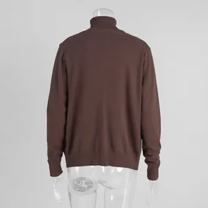 Back view of a classic brown high neck knit sweater with ribbed cuffs and hem details