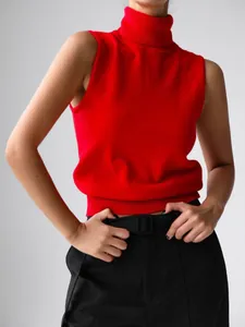 Sophisticated red sleeveless turtleneck knit vest top for a stylish autumn look.