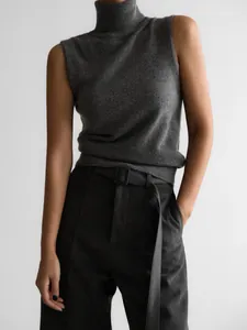 Close-up of elegant dark grey sleeveless turtleneck knit vest for women's autumn fashion