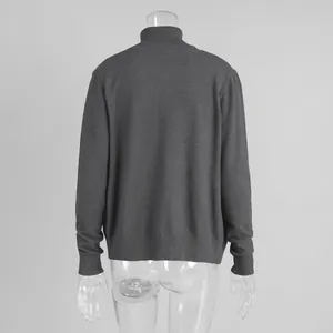 Back view of a classic grey high-neck knit cardigan featuring ribbed cuffs and hem.