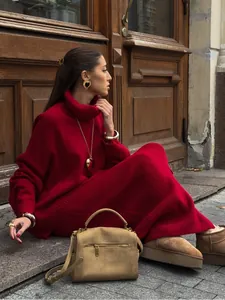 Red turtleneck knitted sweater and matching midi skirt two-piece set for winter fashion