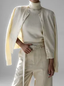 Women Knitwear Set Turtleneck Sleeveless Vest And Long Sleeve Button Up Cardigan Sweater Minimalist Casual Two Piece Outfits