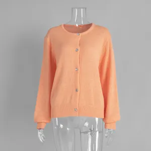 Weiche orangefarbene, dünne, einreihige Strickjacke mit Rundhalsausschnitt für Damen