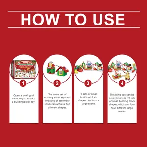 Instructiegids voor de kerstbouwstenen blindbox-set met 4 stappen om te spelen.