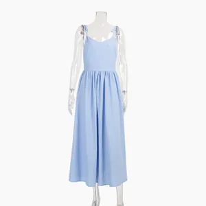 Light blue pure cotton V-neck midi dress with elegant tie-shoulder straps on mannequin