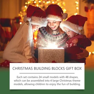 Gelukkig gezin pakt de gloeiende kerstbouwstenen blinde doos cadeauset detail uit