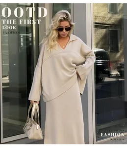 Elegant two-piece beige knitted sweater and skirt set for chic winter street fashion