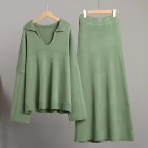 Stylish two-piece sage green knit sweater and long maxi skirt set for fashionable women
