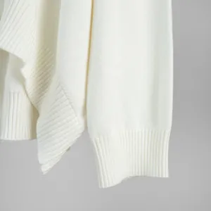 Detailed macro close-up of soft white knitted sweater ribbed cuff and hem texture