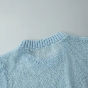 Close-up of light blue mohair round neck sweater showing delicate knit texture