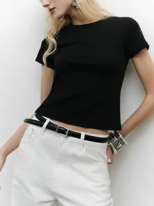 Close-up of a slim fit black cropped T-shirt with minimalist round neck design.