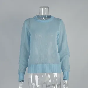 Detailed texture of light blue semi-sheer mohair knit crew neck sweater for women