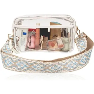 Detail view of transparent PVC crossbody bag showing cosmetics inside with woven strap