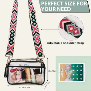 Detailed view of clear PVC crossbody bag with size dimensions and adjustable strap