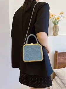 Elegant blue embossed floral box evening bag with gold chain strap for women's party