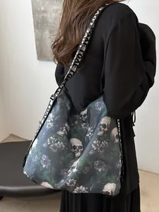 Dames Nylon Crossbody Tas Grote Capaciteit Trendy Gothic Schedel Bloemenprint Schoudertas Streetwear Veelzijdige Tas