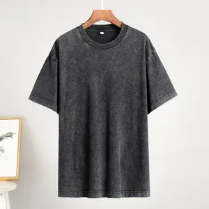 Macro view of dark grey washed vintage short sleeve T-shirt with textured finish