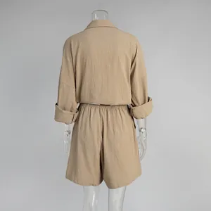 Back view of women's khaki linen-blend shirt and shorts set on transparent mannequin
