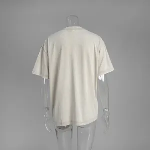 Back view of a washed distressed grey short sleeve T-shirt on transparent mannequin