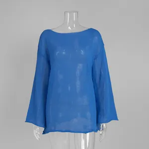 Detailed texture of blue hollow-out knit sweater with elegant flare sleeves and sheer fabric.