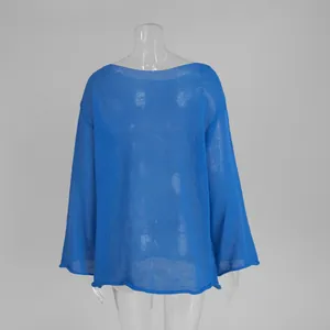 Lightweight blue sheer hollow knit sweater featuring round neck and flare sleeves