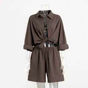 Casual brown two-piece set for women with tied button-down shirt and loose shorts