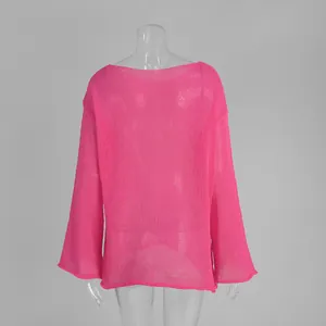Back view of a sheer pink knit sweater featuring flared sleeves and a boat neckline.