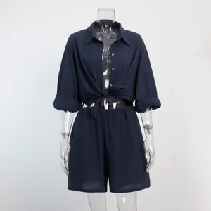 Navy blue casual 2-piece summer set featuring loose-fit shirt and matching shorts