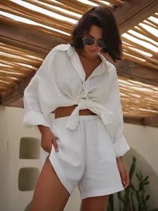 Summer resort two-piece white linen shirt and matching shorts set for women's casual wear
