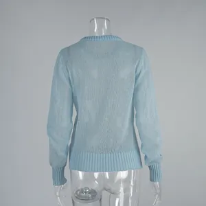 Rear view of light blue sheer mohair knit pullover sweater featuring ribbed trims and crew neck