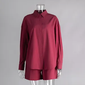 Women's burgundy pure cotton two-piece set featuring long-sleeve shirt and shorts