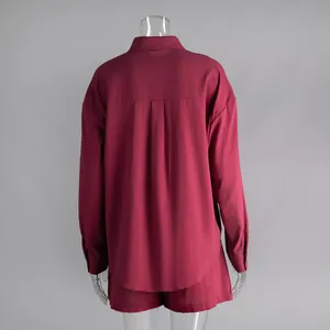 Back view of burgundy cotton long-sleeve shirt and matching shorts set for women