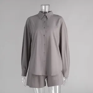 Grey two-piece cotton long-sleeve shirt and shorts casual lounge set for women