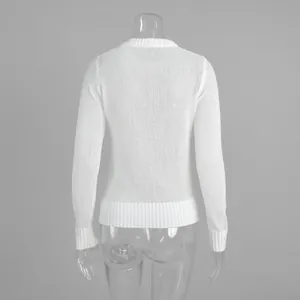 Back view of a white semi-transparent round neck knitted pullover sweater for women