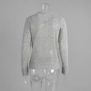 Rear view of semi-sheer light grey mohair crew neck knit sweater for women