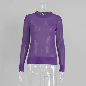 Macro view of a vibrant purple semi-sheer mohair crewneck knit sweater for women