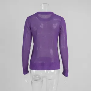 Back view of purple semi-sheer mohair knit sweater with comfortable round neck design