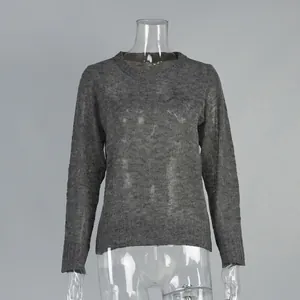Close-up of grey mohair crewneck sweater showing semi-sheer knit texture