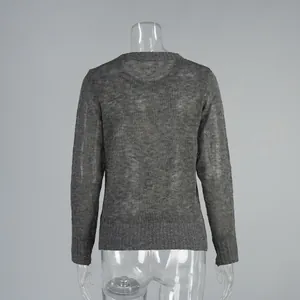 Back view of a grey round neck mohair sweater with semi-transparent knit texture.