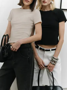 Women's slim fit short sleeve crop top T-shirts in minimalist beige and black colors